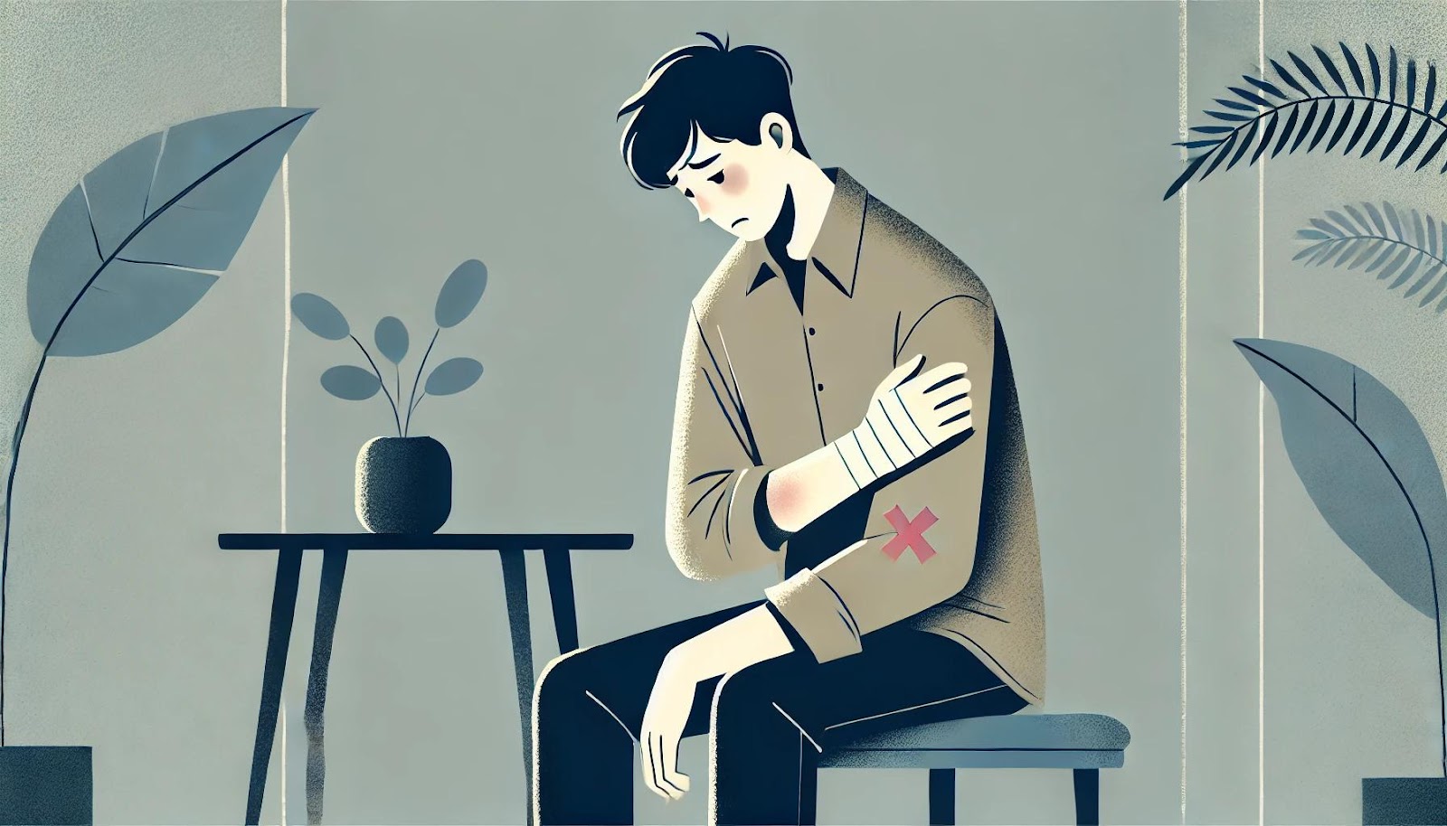 An injured man sitting.
