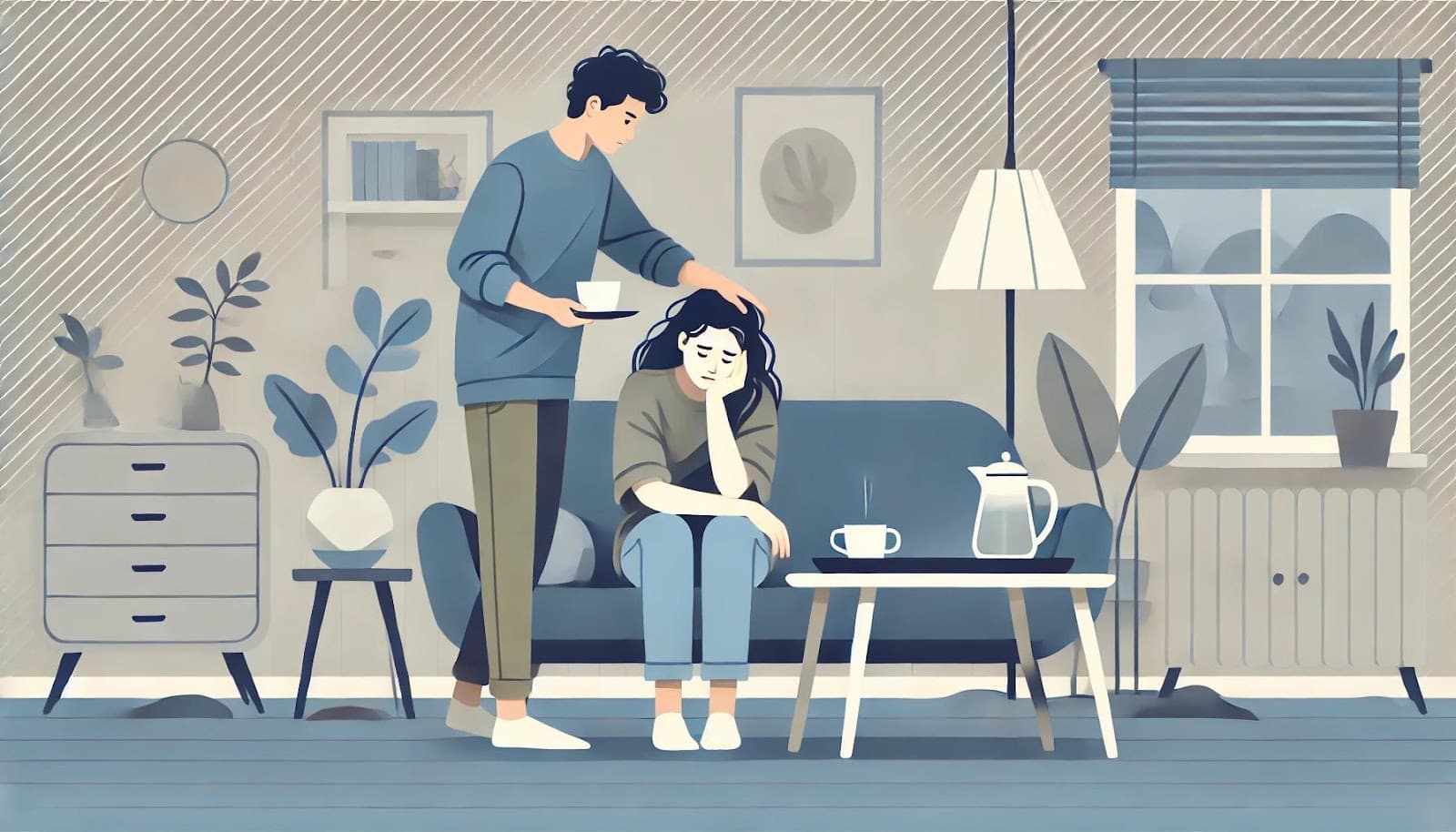 A couple in a living room, one comforting the other.