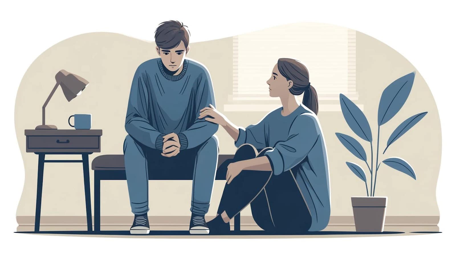 A supportive woman sitting beside a man.