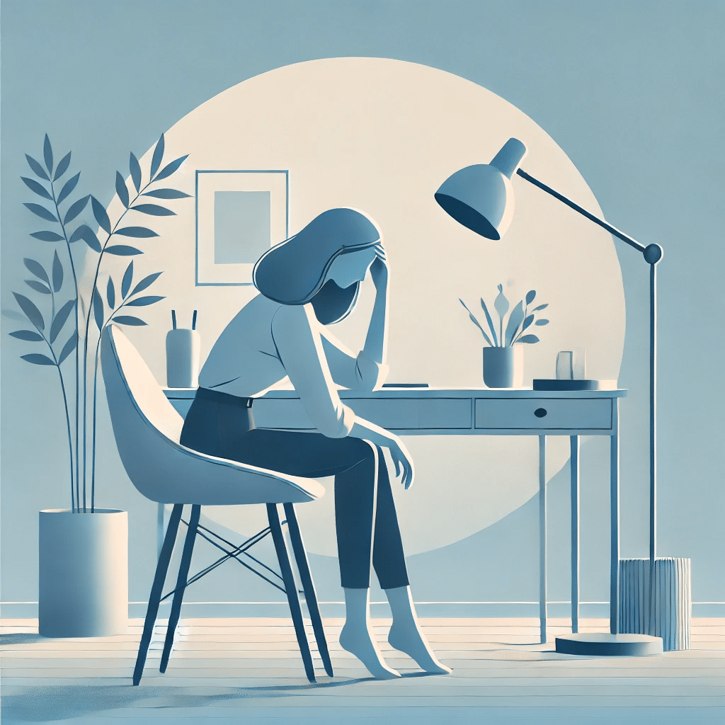 A woman sitting in a chair with her head in her hands.