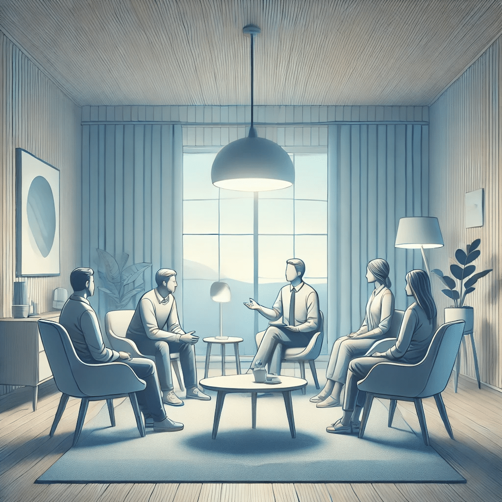 An illustration of a person undergoing therapy, sitting with a therapist and family members in a room.