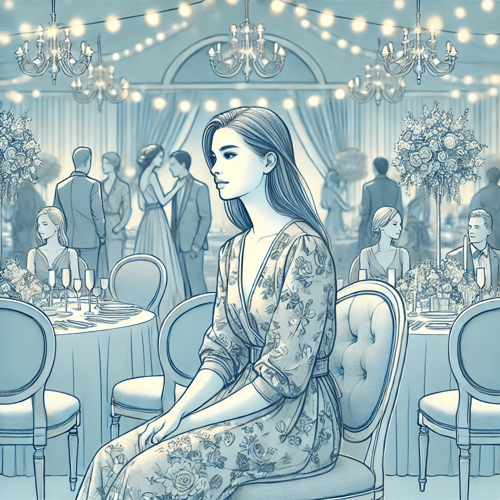 A woman sitting alone at a party, appearing isolated and deep in thought.