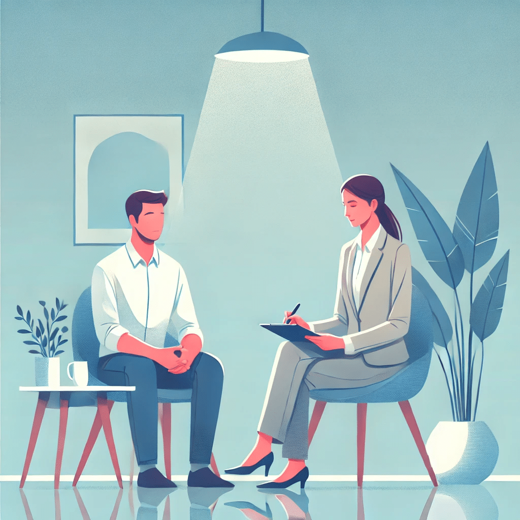 A man engaged in a therapy session with a professional.