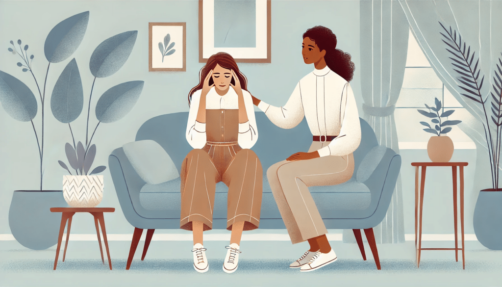 A woman offering comfort and solutions during a conversation.